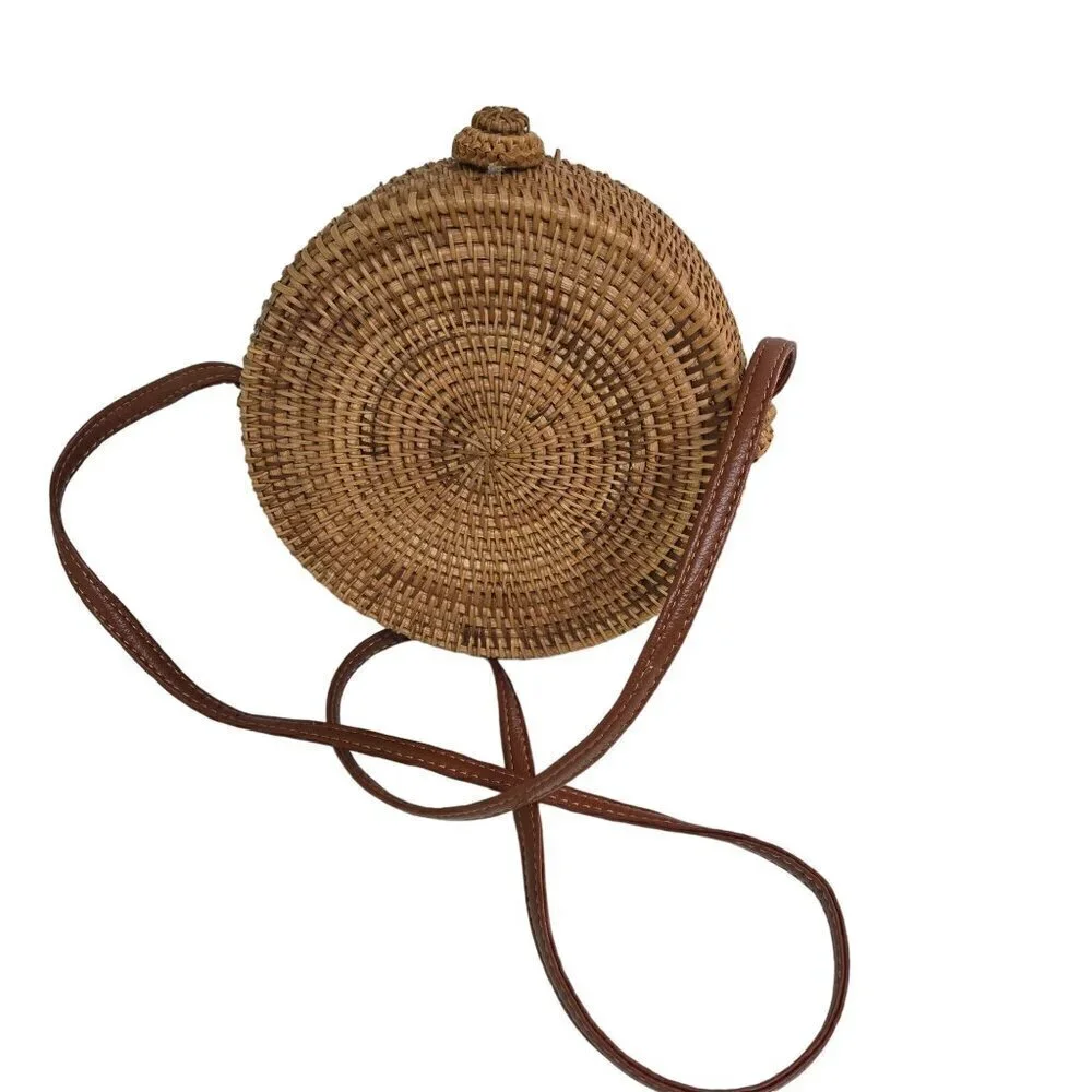 D'Margeaux Handwoven Round Wicker Crossbody Canteen Bag